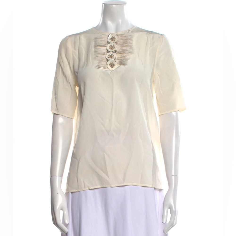 Badgley Mischka Elegant Cream Women's Top 100% Silk with Feather and Crystals